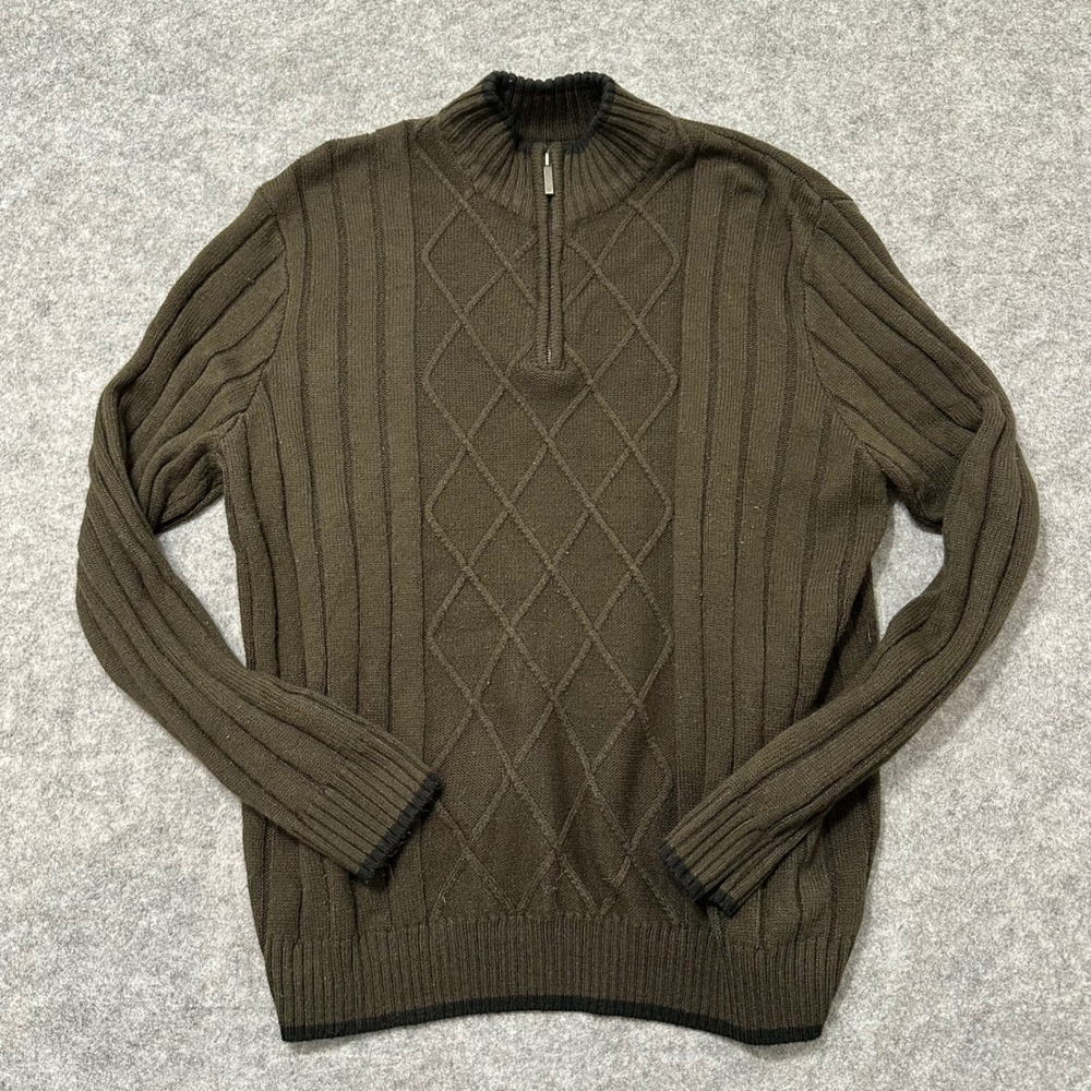 Geoffrey Beene Quarter Zip Sweater Mens XL Coffee Brown Ribbed Diamond Knit
